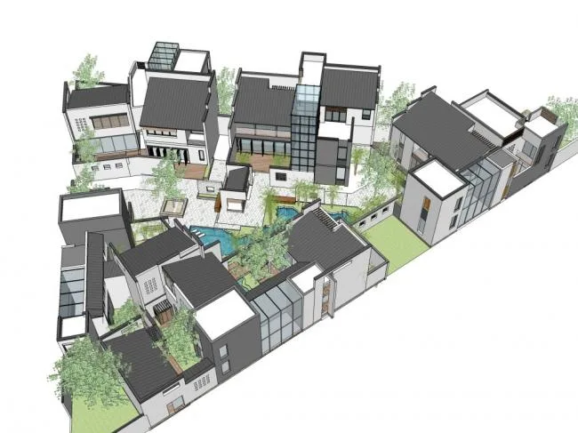 Sketchup别墅模型|别墅住宅群体，中式现代