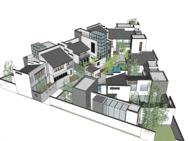 Sketchup别墅模型|别墅住宅群体，中式现代