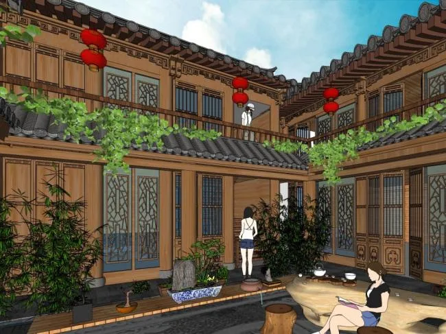 Sketchup别墅模型|四合院别墅，古典风格