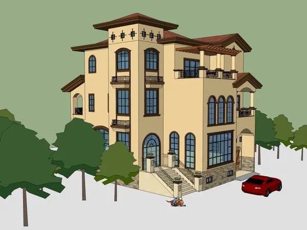 Sketchup别墅模型|独栋别墅，古典风格