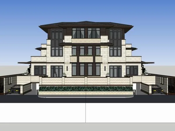 Sketchup别墅模型|双拼别墅，现代中式风格