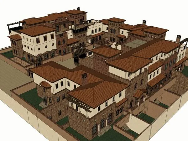 Sketchup别墅模型|西班牙十合院，别墅，古典风格