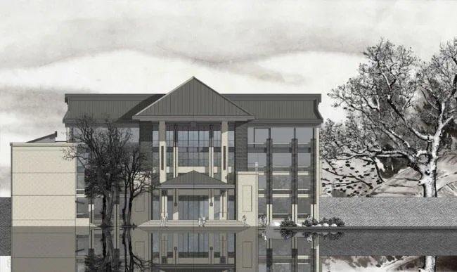 Sketchup办公模型|多层办公建筑，商业建筑，中式风格，景观设计，水景