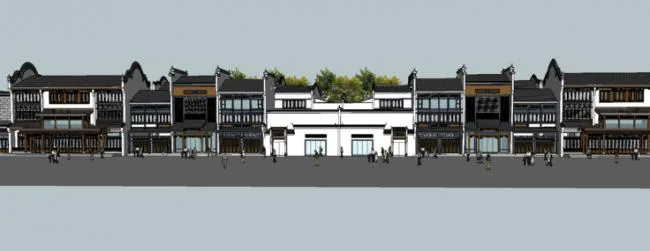 Sketchup商业模型|小镇商业街，徽派建筑，中式风格