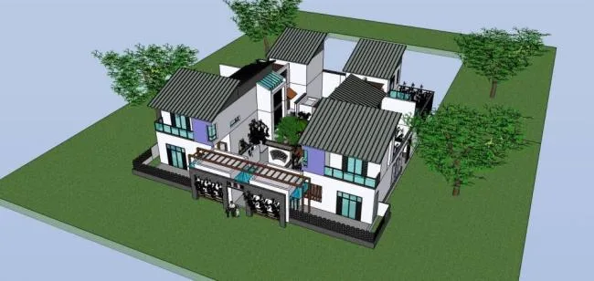 Sketchup住宅模型|多层四合院，居住建筑，新中式风格
