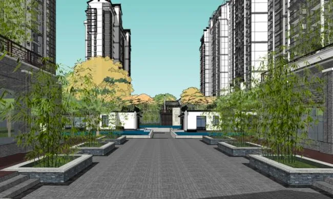 Sketchup住宅模型|高层住宅，小区，景观，新中式风格，汉唐风，居住建筑
