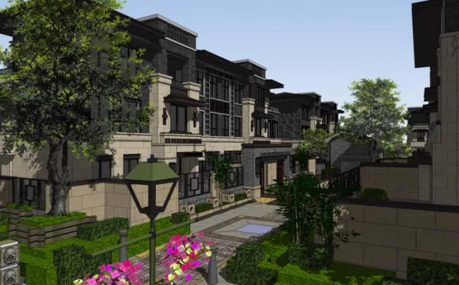 Sketchup住宅模型|多层住宅小区，中式风格，水景，庭院中心景观，别墅，居住建筑