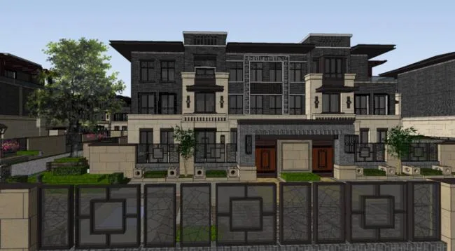 Sketchup住宅模型|多层住宅小区，中式风格，水景，庭院中心景观，别墅，居住建筑