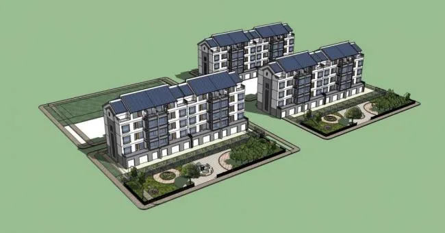 Sketchup住宅模型|多层花园洋房，居住建筑，新中式风格