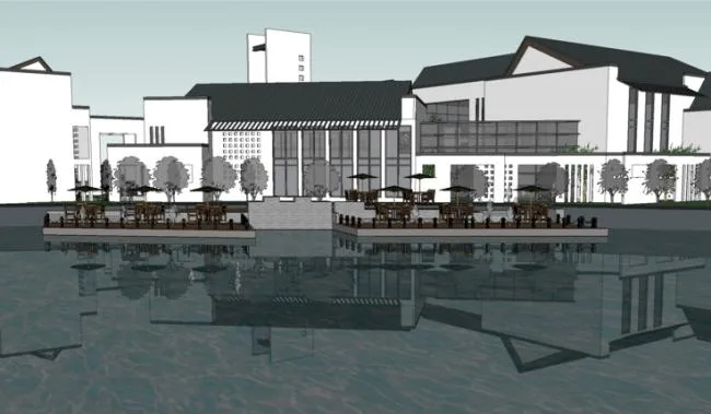 Sketchup商业模型|售楼处，多层会所，徽派建筑，新中式风格，商业建筑，滨水景观