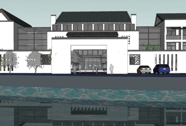 Sketchup商业模型|售楼处，多层会所，徽派建筑，新中式风格，商业建筑，滨水景观