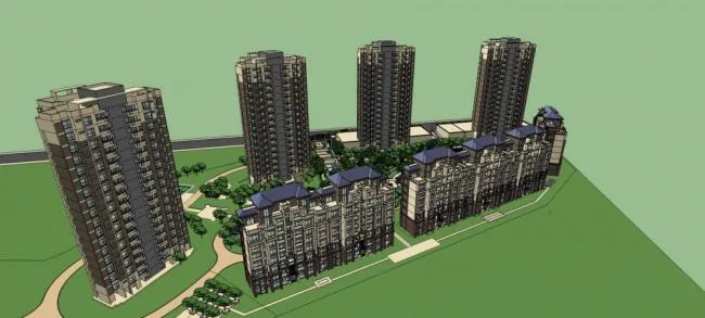 Sketchup住宅模型|高层住宅小区，入口景观，亭子，居住建筑，现代风格