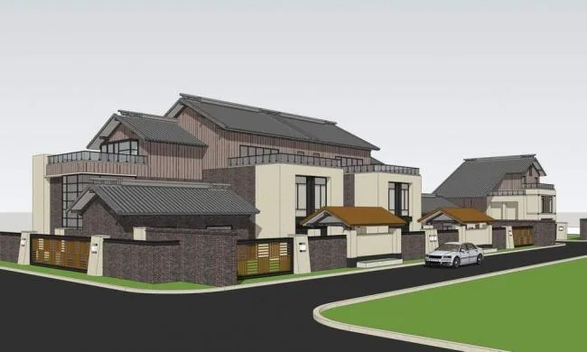Sketchup住宅模型|联排别墅，双拼别墅，新中式风格