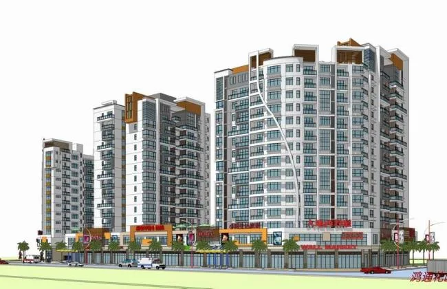 Sketchup住宅模型|高层住宅小区，现代风格，居住建筑，沿街商业，裙房