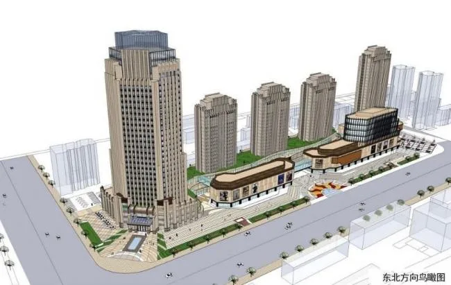 Sketchup办公模型|某总部基地办公楼，高层办公，底层商业，新古典风格，ArtDeco风格