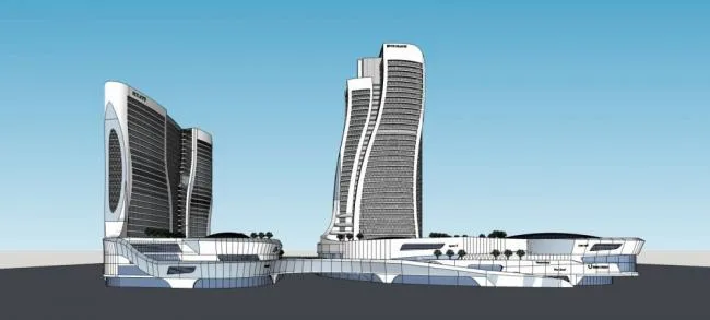 Sketchup办公模型|高层酒店办公楼，底层商业，现代风格