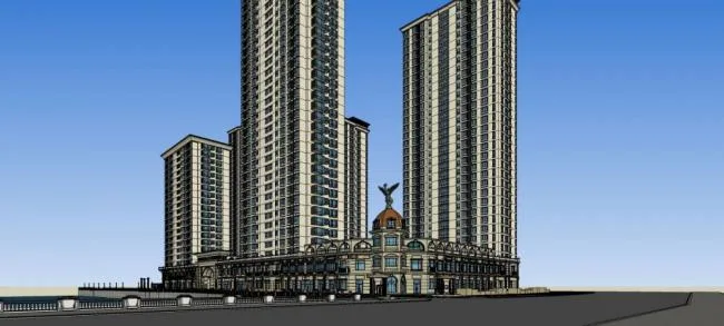 Sketchup住宅模型|高层住宅小区，入口，景观亭子，居住建筑，多层商场，商业裙房，底层商业，欧式，古典风格