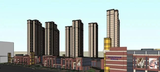 Sketchup住宅模型|高层住宅小区，简欧风格，居住建筑，商场，商业裙房