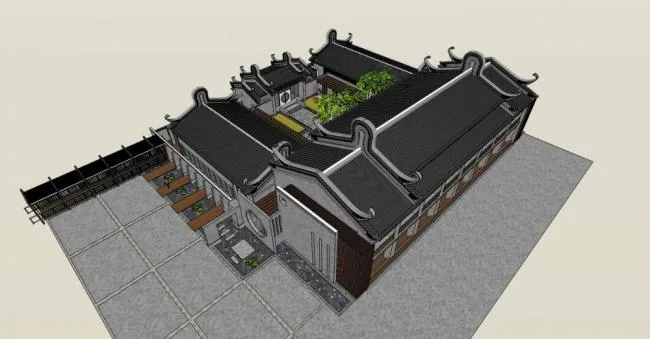 Sketchup住宅模型|多层四合院，中式风格，居住建筑