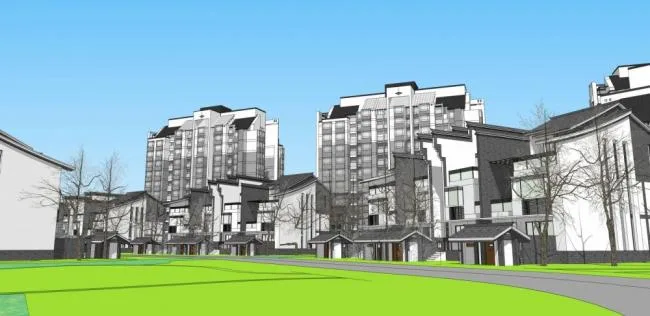 Sketchup住宅模型|多层住宅小区，高层公寓，居住建筑，双拼别墅，中式风格