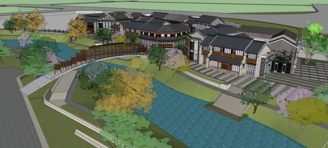 Sketchup商业模型|多层商业建筑，古镇，公园景观，桥，水坝，中式风格