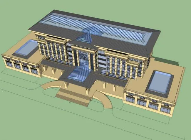 Sketchup办公模型|多层政府办公楼，新中式风格