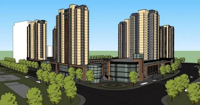 Sketchup住宅模型|高层住宅小区，商业裙房，底层商业，现代风格，居住建筑