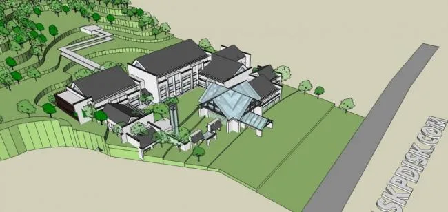 Sketchup商业模型|黄山休闲山庄，商业建筑，多层会所，中式风格