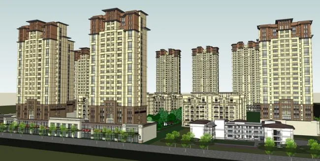 Sketchup住宅模型|高层住宅群小区规划，新古典风格，居住建筑，现代风格