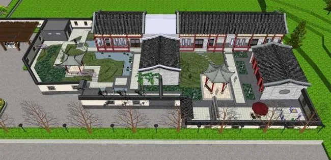 Sketchup住宅模型|四合院，中式风格，徽派建筑，庭院景观