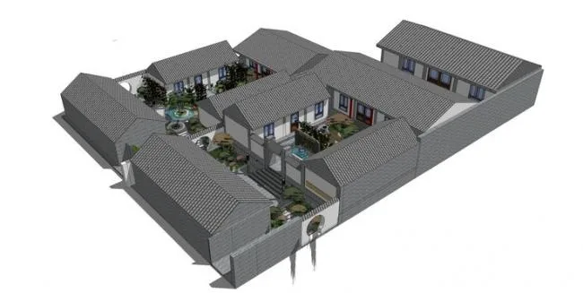 Sketchup住宅模型|多层住宅四合院，中式风格，庭院，居住建筑