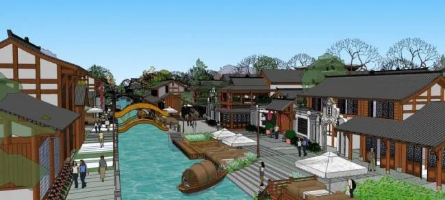 Sketchup商业模型|街子酒吧街，多层商业街，中式风格