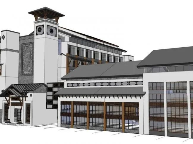 Sketchup办公模型|多层办公楼群，中式风格