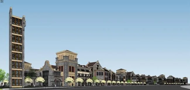 Sketchup商业模型|民国风，滨河商业，中式风格