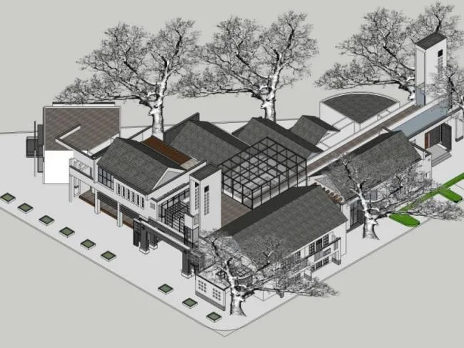 Sketchup办公模型|旅游服务中心，现代中式风格