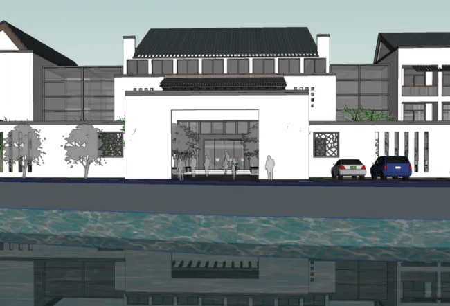 Sketchup商业模型|徽派售楼处，会所，新中式风格，度假中心，滨水景观，商业建筑