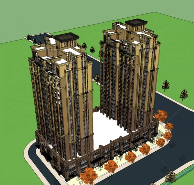 Sketchup住宅模型|高层住宅，古典风格，底商