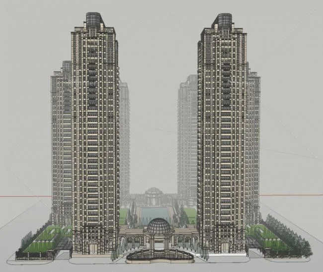 Sketchup住宅模型|超高层住宅小区，古典风格，居住建筑