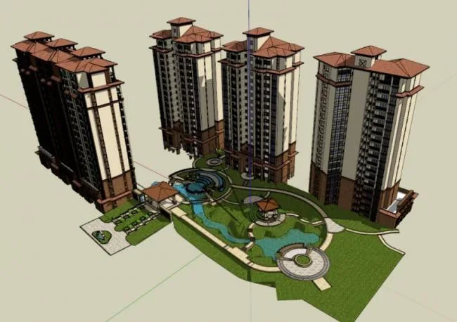 Sketchup住宅模型|高层住宅小区，居住建筑，坡屋顶，地中海风格，古典风格