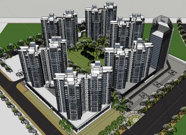 Sketchup住宅模型|现代风格，高层住宅小区，粤海国际，底层商业