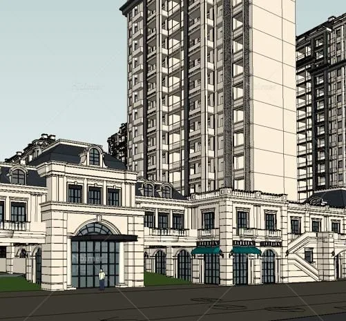 Sketchup住宅模型|高层住宅小区，居住建筑，法式风格古典风格欧式风格