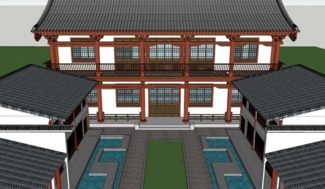 Sketchup住宅模型|多层四合院，现代中式风格