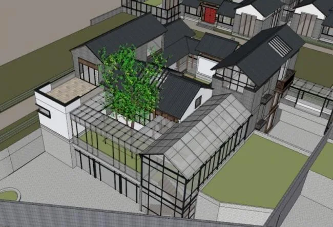 Sketchup住宅模型|多层徽派四合院，现代中式风格