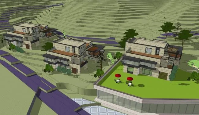 Sketchup酒店模型|多层山地酒店，现代风格，别墅