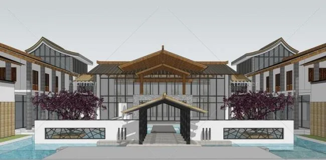 Sketchup商业模型|多层商业会所，新中式风格，景观，水景