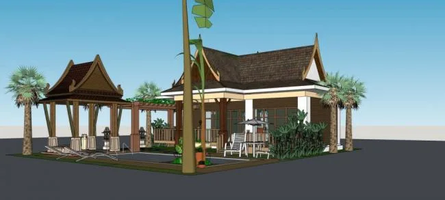 Sketchup酒店模型|度假别墅，独栋别墅，单层，景观，亭子，泰式风格