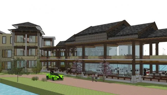 Sketchup酒店模型|多层度假酒店，东南亚风格，临湖