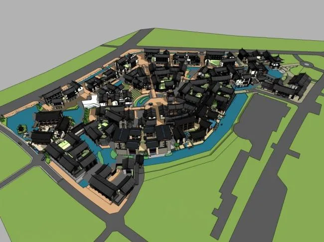 Sketchup酒店模型|多层度假小镇，酒店，中式风格