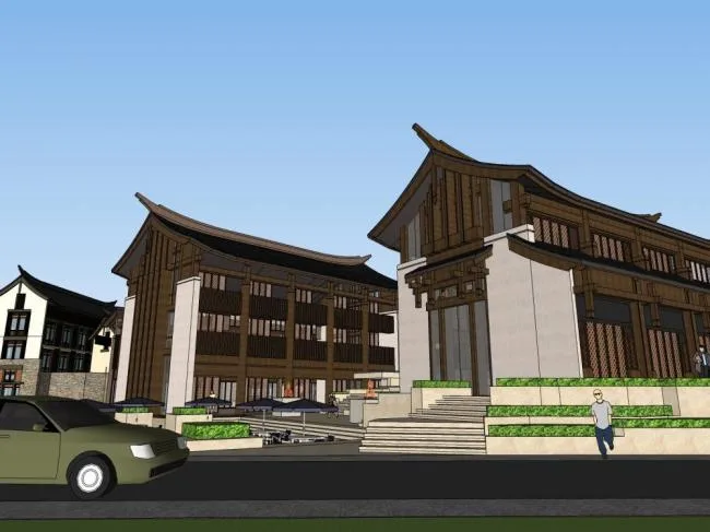 Sketchup酒店模型|多层度假小镇，酒店，中式风格