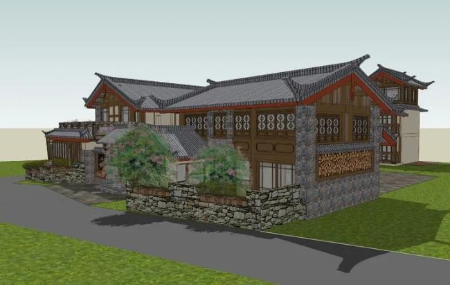 Sketchup酒店模型|多层住宅，中式风格，旅馆酒店，束河古镇仿古屋